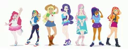 Size: 4096x1623 | Tagged: safe, artist:brother-tico, derpibooru import, applejack, fluttershy, pinkie pie, rainbow dash, rarity, sci-twi, sunset shimmer, twilight sparkle, equestria girls, breasts, busty fluttershy, busty pinkie pie, chubbie pie, chubby, clothes, converse, dark skin, diverse body types, glasses, human coloration, humane five, humane seven, humane six, pinkie pawg, plump, rarity peplum dress, shoes
