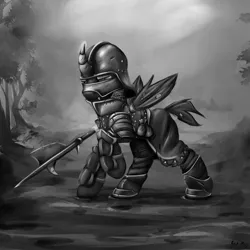 Size: 2000x2000 | Tagged: safe, artist:richmay, derpibooru import, oc, unofficial characters only, changeling, equestria at war mod, armor, chainmail, changeling oc, grayscale, halberd, helmet, landsknecht, male, medieval, monochrome, sallet, soldier, solo, weapon, wings