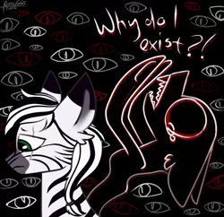 Size: 1550x1500 | Tagged: safe, artist:foxxo666, derpibooru import, oc, oc:palatinatus clypeus, unofficial characters only, zebra, commission, crying, depressed, depression, eye, eye scar, eyes, floppy ears, frown, image, male, png, scar, solo, stallion, vent art, ych result, zebra oc