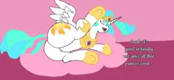 Size: 1792x828 | Tagged: suggestive, artist:hooverlover, derpibooru import, edit, princess celestia, alicorn, pony, butt, pillow, plot, sfw edit, solo, stretching, wings