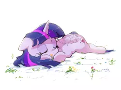 Size: 2542x1900 | Tagged: safe, artist:nendo, derpibooru import, twilight sparkle, twilight sparkle (alicorn), alicorn, pony, cute, eyes closed, female, floppy ears, flower, lying down, mare, prone, simple background, sleeping, solo, twiabetes, white background