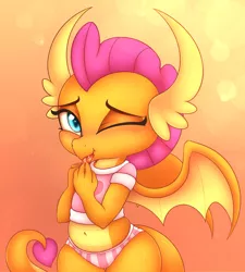 Size: 1843x2048 | Tagged: safe, artist:heavymetalbronyyeah, derpibooru import, smolder, dragon, belly button, clothes, cute, cute little fangs, dragoness, fangs, female, looking at you, one eye closed, panties, pink underwear, shirt, short shirt, smiling, smolderbetes, solo, striped underwear, tongue out, underwear