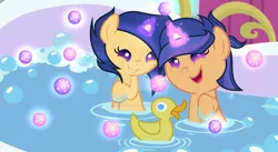 Size: 1600x878 | Tagged: safe, artist:galaxyswirlsyt, derpibooru import, oc, oc:galaxy swirls, oc:velvet sentry, unofficial characters only, bird, duck, pony, unicorn, baby, baby pony, bathtub, female, filly, magic, obtrusive watermark, offspring, parent:flash sentry, parent:twilight sparkle, parents:flashlight, rubber duck, siblings, sisters, watermark