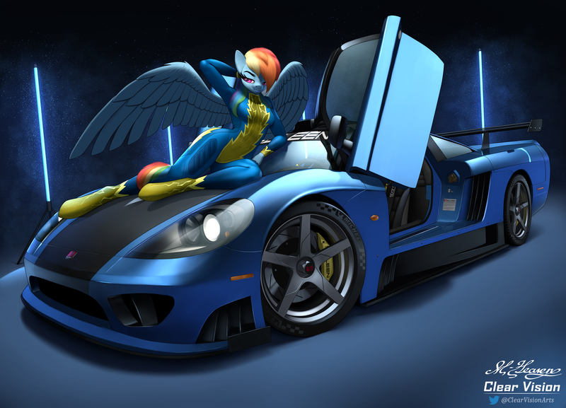 Size: 8034x5790 | Tagged: suggestive, artist:clear vision, derpibooru import, rainbow dash, anthro, pegasus, unguligrade anthro, abs, absurd resolution, arm behind head, bedroom eyes, bodysuit, breasts, car, clothes, curvy, female, image, legs, looking at you, muscles, muscular female, pinup, png, saleen, saleen s7, sexy, signature, skintight clothes, smiling, smirk, smug, solo, solo female, stupid sexy rainbow dash, sultry pose, uniform, vehicle, wide hips, wings, wonderbolts uniform