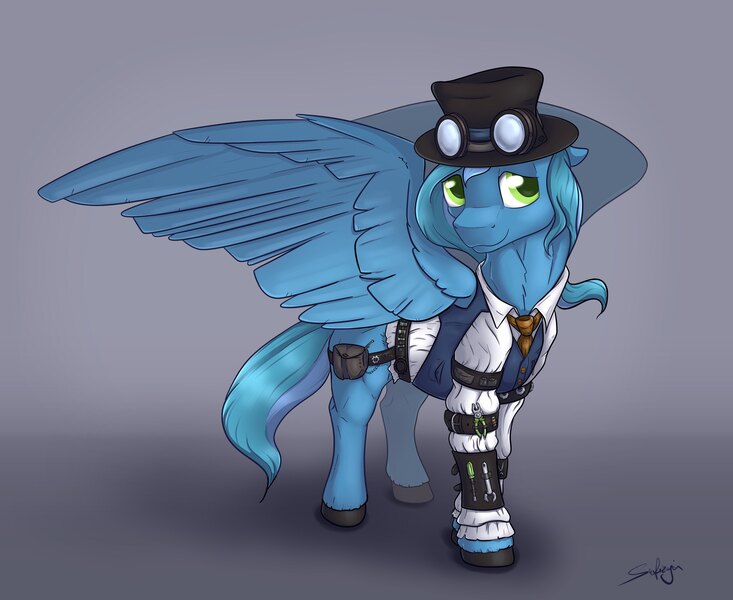 Size: 3280x2684 | Tagged: artist:safizejaart, clothes, derpibooru import, hat, oc, oc:thinker blue, pegasus, pegasus oc, safe, simple background, smiling, steampunk, unofficial characters only, wings