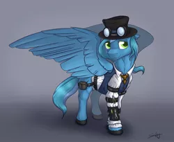 Size: 3280x2684 | Tagged: artist:safizejaart, clothes, derpibooru import, hat, oc, oc:thinker blue, pegasus, pegasus oc, safe, simple background, smiling, steampunk, unofficial characters only, wings