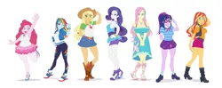 Size: 4132x1637 | Tagged: safe, alternate version, artist:brother-tico, derpibooru import, applejack, fluttershy, pinkie pie, rainbow dash, rarity, sci-twi, sunset shimmer, twilight sparkle, equestria girls, applejacked, breasts, busty fluttershy, busty pinkie pie, busty sci-twi, busty sunset shimmer, chubbie pie, chubby, diverse body types, flexing, glasses, humane five, humane seven, humane six, line-up, magical geodes, muscles, nail polish, one eye closed, pinkie pawg, pose, rarity peplum dress, toenail polish, wink