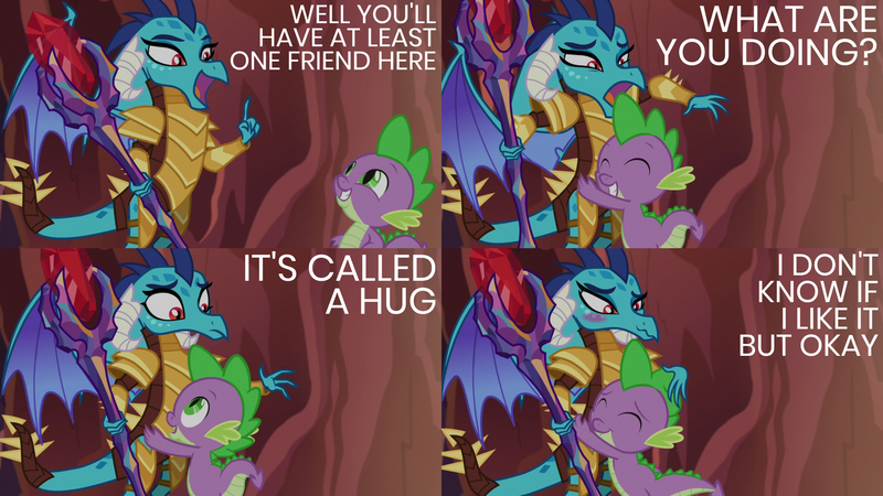 Size: 2000x1125 | Tagged: safe, derpibooru import, edit, edited screencap, editor:quoterific, screencap, princess ember, spike, dragon, gauntlet of fire, bloodstone scepter, blushing, cute, dragoness, duo, emberbetes, eyes closed, female, hug, male, open mouth, spikabetes, tsundember, tsundere, wavy mouth
