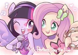 Size: 1200x845 | Tagged: safe, artist:puchiko, derpibooru import, fluttershy, twilight sparkle, twilight sparkle (alicorn), alicorn, equestria girls, perfect day for fun, rainbow rocks, alternative cutie mark placement, bare shoulders, bust, cute, duo, female, lyrics, microphone, music notes, musical instrument, one eye closed, open mouth, ponied up, shyabetes, singing, sleeveless, strapless, tambourine, text, twiabetes, wink