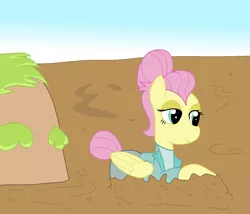 Size: 1400x1200 | Tagged: safe, artist:amateur-draw, derpibooru import, fluttershy, pegasus, pony, alternate hairstyle, clothes, female, mare, mud, pants, severeshy, simple background, solo, suit, wet and messy