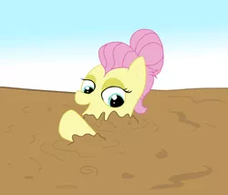 Size: 1400x1200 | Tagged: safe, artist:amateur-draw, derpibooru import, fluttershy, pegasus, pony, alternate hairstyle, clothes, female, mare, mud, pants, quicksand, severeshy, simple background, sinking, solo, suit, wet and messy