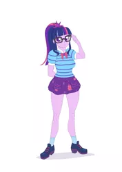Size: 2893x4092 | Tagged: safe, artist:brother-tico, derpibooru import, part of a set, sci-twi, twilight sparkle, equestria girls, breasts, busty sci-twi, clothes, glasses, hand behind back, shirt, shoes, skirt, smiling, solo, striped shirt