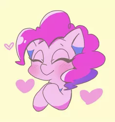 Size: 1158x1227 | Tagged: artist:asg, blushing, bust, cute, derpibooru import, diapinkes, eyes closed, heart, hooves to the chest, pinkie pie, safe, simple background, solo, yellow background