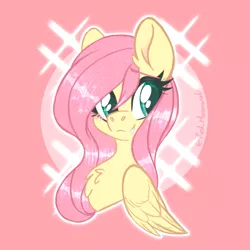 Size: 1630x1630 | Tagged: safe, artist:red_moonwolf, derpibooru import, fluttershy, pegasus, blushing, bust, chest fluff, cute, fangs, shyabetes, solo