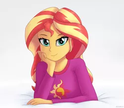 Size: 5000x4360 | Tagged: safe, artist:irisarco, derpibooru import, sunset shimmer, equestria girls, beautisexy, clothes, cutie mark, female, looking at you, lying, pajamas, simple background, smiling, solo, watermark