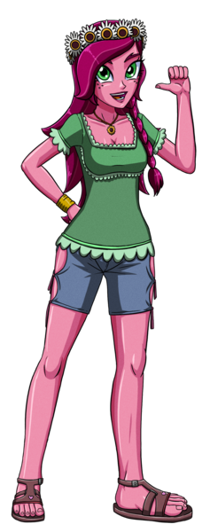 Size: 1184x3000 | Tagged: safe, artist:artemis-polara, derpibooru import, gloriosa daisy, equestria girls, legend of everfree, bracelet, breasts, cleavage, clothes, feet, jewelry, necklace, open mouth, pointing at self, sandals, shirt, shorts, simple background, smiling, solo, toes, transparent background