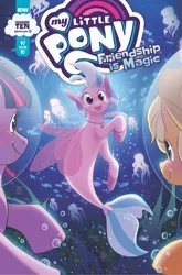 Size: 2063x3131 | Tagged: safe, artist:megan huang, derpibooru import, idw, applejack, silverstream, twilight sparkle, alicorn, earth pony, fish, jellyfish, seapony (g4), spoiler:comic97, bubble, bubble helmet, bubble on head, comic cover, crepuscular rays, female, fins, fin wings, fish tail, flowing mane, flowing tail, hat, horn, jewelry, necklace, open mouth, seapony silverstream, seaquestria, season 10, seaweed, smiling, underwater, water, wings