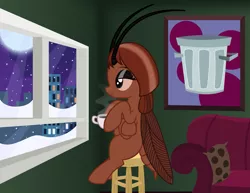 Size: 2869x2217 | Tagged: safe, artist:badumsquish, derpibooru import, oc, oc:poubelle, ponified, unofficial characters only, bug pony, cockroach, insect, monster pony, original species, pony, antennae, apartment, city, cityscape, cockroach pony, coffee, coffee cup, context in description, couch, cup, folded wings, full moon, lidded eyes, meme, moon, picture, picture frame, pillow, ponified meme, relaxed, show accurate, sitting, six legs, sky, smiling, snow, snowfall, solo, stool, trash can, window, wings