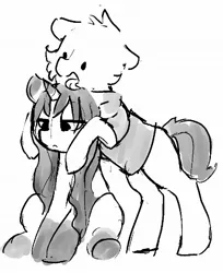 Size: 938x1152 | Tagged: safe, artist:dimfann, derpibooru import, oc, oc:dim, oc:sylvine, unofficial characters only, pony, unicorn, black and white, dot eyes, floppy ears, grayscale, licking, monochrome, sitting, sketch, tongue out