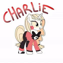 Size: 1080x1080 | Tagged: safe, artist:lorelaifanart, derpibooru import, ponified, pony, unicorn, base used, bowtie, charlie magne, clothes, eyelashes, female, grin, hazbin hotel, mare, simple background, smiling, solo, white background