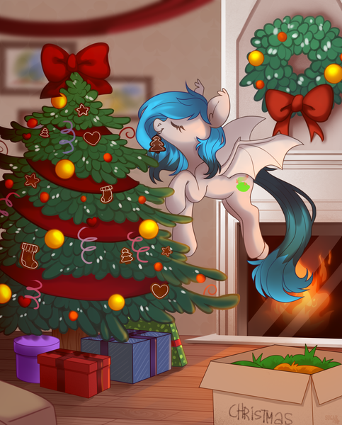 Size: 2584x3210 | Tagged: safe, artist:sugarstar, derpibooru import, oc, oc:laymy lime, unofficial characters only, bat pony, pony, absurd resolution, christmas, christmas stocking, christmas tree, detailed background, female, fireplace, gift wrapped, holiday, kitchen, mare, present, smiling, solo, tree, wings, wreath