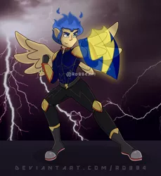Size: 1617x1766 | Tagged: safe, artist:ro994, derpibooru import, flash sentry, equestria girls, fantasy class, fire hair, fist, lightning, male, ponied up, pony ears, shield, solo, super ponied up, warrior, wings