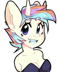 Size: 1080x1304 | Tagged: safe, artist:zymaani, derpibooru import, oc, unofficial characters only, anthro, unicorn, bust, clothes, ear piercing, earring, eyelashes, female, grin, horn, jewelry, piercing, simple background, smiling, solo, unicorn oc, white background