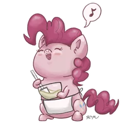 Size: 1280x1280 | Tagged: safe, artist:catscratchpaper, derpibooru import, part of a set, pinkie pie, earth pony, pony, baking, beady eyes, chibi, cute, diapinkes, eyes closed, open mouth, simple background, singing, sitting, solo, transparent background