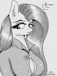 Size: 1404x1872 | Tagged: suggestive, artist:br333, derpibooru import, fluttershy, anthro, black and white, boob window, breasts, busty fluttershy, clothes, erect nipples, grayscale, monochrome, nipple outline, patreon, shy, solo