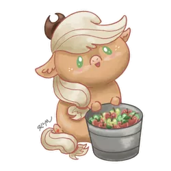 Size: 1280x1280 | Tagged: safe, artist:catscratchpaper, derpibooru import, part of a set, applejack, earth pony, pony, apple, beady eyes, bucket, chibi, cute, food, jackabetes, simple background, sitting, solo, transparent background