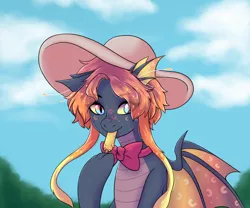 Size: 1800x1500 | Tagged: safe, artist:alune, derpibooru import, oc, oc:sunrise eclipse, dracony, dragon, hybrid, pony, commission, food, hat, nom, popsicle, summer, sun hat, ych result