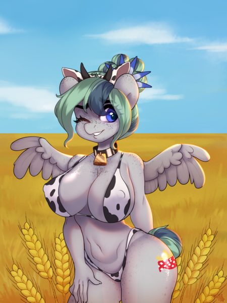 Size: 3000x4000 | Tagged: suggestive, alternate version, artist:sugarstar, derpibooru import, oc, oc:feather fry, unofficial characters only, anthro, pegasus, absurd resolution, bell, bell collar, belly button, big breasts, bikini, breasts, clothes, collar, cowkini, cowprint, erect nipples, female, food, huge breasts, nipple outline, one eye closed, penetration, rcf community, simple background, smiling, solo, string bikini, swimsuit, wheat