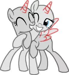 Size: 421x457 | Tagged: safe, artist:beanbases, derpibooru import, oc, unofficial characters only, alicorn, pony, alicorn oc, bald, base, duo, eyelashes, female, grin, horn, hug, mare, one eye closed, raised hoof, simple background, smiling, transparent background, wings, wink