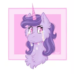 Size: 1080x1080 | Tagged: safe, artist:wezzily, derpibooru import, oc, unofficial characters only, pony, unicorn, abstract background, bust, cheek fluff, chest fluff, crying, ear fluff, eyelashes, fluffy, horn, solo, unicorn oc