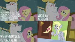 Size: 1986x1117 | Tagged: safe, derpibooru import, edit, edited screencap, editor:quoterific, screencap, bulk biceps, derpy hooves, fluttershy, pegasus, pony, rainbow falls, derp, eyes closed, hospital, open mouth, ponyville flag