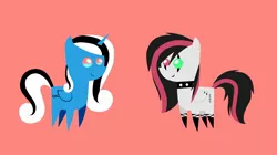 Size: 1930x1080 | Tagged: safe, artist:emalajiss36, derpibooru import, oc, oc:emala jiss, oc:miss smile, unofficial characters only, alicorn, pegasus, pony, alicorn oc, choker, duo, ear piercing, female, heterochromia, horn, mare, pegasus oc, piercing, pink background, pointy ponies, simple background, smiling, socks (coat marking), spiked choker, wings