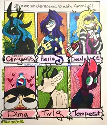 Size: 1641x1920 | Tagged: safe, artist:stasyaandmielems, derpibooru import, queen chrysalis, tempest shadow, changeling, changeling queen, deer, fox, human, hybrid, six fanarts, antlers, armor, beetlejuice, broken horn, bust, clothes, crossover, drink, eye scar, eyelashes, female, fingerless gloves, gloves, grin, heart, hilda (netflix), horn, licking, licking lips, male, pepsi, raised hoof, scar, shhh, smiling, soda, tongue out, traditional art, winx club