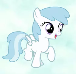 Size: 811x793 | Tagged: safe, artist:katliynrusshia, derpibooru import, cotton cloudy, pegasus, pony, abstract background, blank flank, cottonbetes, cute, female, filly, hoof hold, missing cutie mark, open mouth, raised leg, simple background, solo