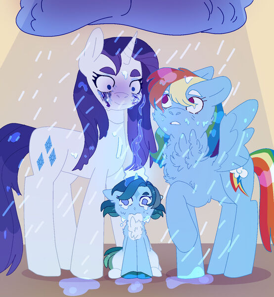 Size: 1280x1386 | Tagged: safe, artist:teafrown, derpibooru import, rainbow dash, rarity, oc, oc:turquoise, pegasus, pony, unicorn, chest fluff, cloud, crying, family, female, filly, lesbian, magic, magical lesbian spawn, makeup, mare, mascarity, offspring, parent:rainbow dash, parent:rarity, parents:raridash, rain, raincloud, raridash, running makeup, shipping