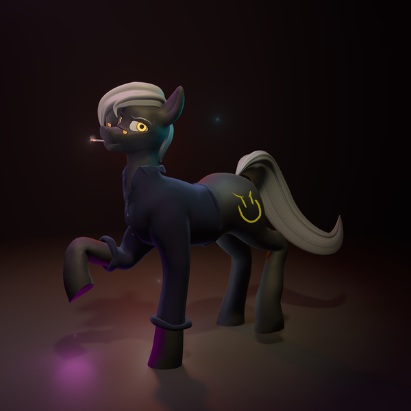 Size: 4000x4000 | Tagged: safe, artist:queen-razlad, derpibooru import, oc, oc:napersnik, unofficial characters only, earth pony, pony, 3d, cigarette, clothes, dark, looking at you, night, shirt, solo, standing