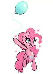 Size: 1800x2514 | Tagged: safe, artist:kindakismet, derpibooru import, pinkie pie, earth pony, pony, balloon, cute, diapinkes, female, floating, heart, hoof hold, mare, open mouth, simple background, solo, then watch her balloons lift her up to the sky, white background