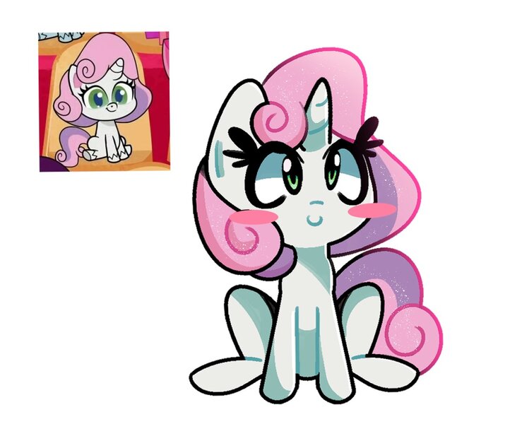 Size: 1300x1056 | Tagged: safe, artist:kindakismet, derpibooru import, screencap, sweetie belle, pony, unicorn, my little pony: pony life, spoiler:pony life s01e46, blush sticker, blushing, cute, diasweetes, female, filly, scene interpretation, screencap reference, sitting, solo, sportacular spectacular musical musak-ular