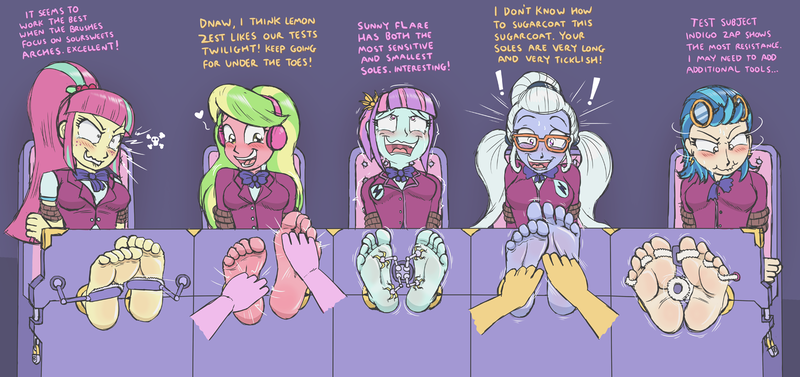 Size: 1737x818 | Tagged: suggestive, artist:caroo, derpibooru import, indigo zap, lemon zest, sci-twi, sour sweet, sugarcoat, sunny flare, sunset shimmer, twilight sparkle, equestria girls, barefoot, blushing, bondage, breasts, crying, cute, dominatrix, domset, feet, female, femdom, femsub, fetish, foot fetish, foot focus, heart, indigosub, laughing, lemonsub zest, lip bite, looking at you, nervous sweat, open mouth, reaction image, shadowbolts, smiling, soles, soursub, stocks, subflare, submissive, sugarcute, sugarsub, sweat, tears of laughter, tickle fetish, tickle torture, tickling, tickling machine, twidom, zestabetes