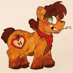 Size: 1080x1080 | Tagged: safe, artist:artfuldodger2397, derpibooru import, applejack, earth pony, pony, female, freckles, grin, mare, neckerchief, redesign, smiling, solo, straw in mouth, traditional art, unshorn fetlocks