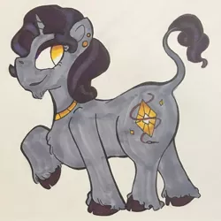 Size: 1080x1080 | Tagged: safe, artist:artfuldodger2397, derpibooru import, rarity, pony, unicorn, ear piercing, female, jewelry, leonine tail, mare, necklace, piercing, raised hoof, redesign, smiling, solo, traditional art, unshorn fetlocks