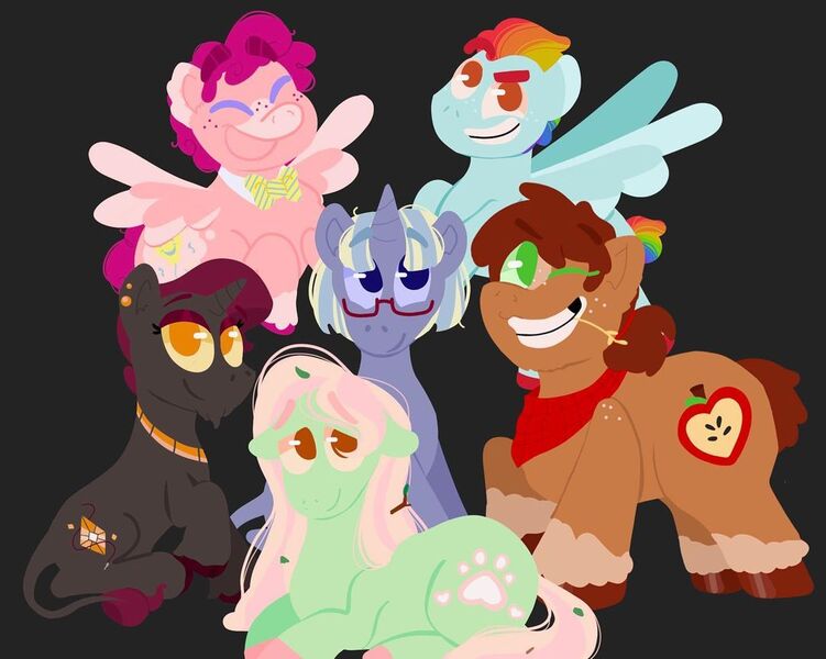 Size: 1080x863 | Tagged: safe, artist:artfuldodger2397, derpibooru import, applejack, fluttershy, pinkie pie, rainbow dash, rarity, twilight sparkle, oc, earth pony, pegasus, pony, unicorn, alternate design, black background, female, flying, freckles, glasses, grin, image, jewelry, jpeg, leonine tail, lying down, mane six, mane six opening poses, mare, necklace, one eye closed, open mouth, prone, raised hoof, redesign, simple background, sitting, smiling, straw in mouth, twitterina design, unicorn twilight, unshorn fetlocks, wink