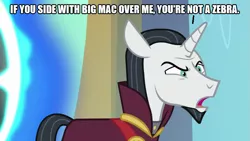 Size: 889x500 | Tagged: safe, artist:thor-disciple, derpibooru import, edit, edited screencap, screencap, chancellor neighsay, pony, unicorn, school daze, 1000 hours in ms paint, angry, donald trump, implied big macintosh, joe biden, male, op is a duck, op is trying to start shit, op started shit, open mouth, politics, racism, solo