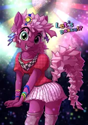 Size: 935x1323 | Tagged: safe, artist:calena, derpibooru import, cheerilee, anthro, earth pony, 80s, 80s cheerilee, accessories, clothes, cute, dancing, dialogue, fancy, female, looking at you, skirt, solo