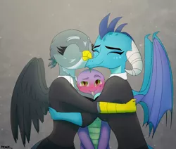 Size: 2160x1828 | Tagged: suggestive, artist:deathly_forest, derpibooru import, gabby, princess ember, spike, anthro, dragon, gryphon, blushing, boob smothering, breasts, business suit, clothes, dragoness, emberspike, eyes closed, female, hug, male, shipping, smothering, spabby, spike gets all the mares, straight, trio