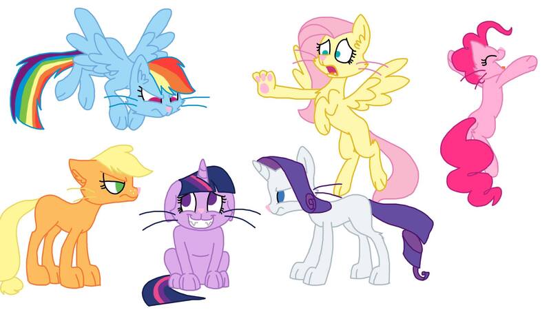 Size: 1920x1080 | Tagged: safe, artist:emalajiss36, derpibooru import, applejack, fluttershy, pinkie pie, rainbow dash, rarity, twilight sparkle, cat, cat pony, original species, pony, angry, annoyed, ear fluff, eyes closed, flying, grin, horn, mane six, nervous, nervous grin, open mouth, paws, simple background, smiling, species swap, spell gone wrong, underpaw, whiskers, white background, wings